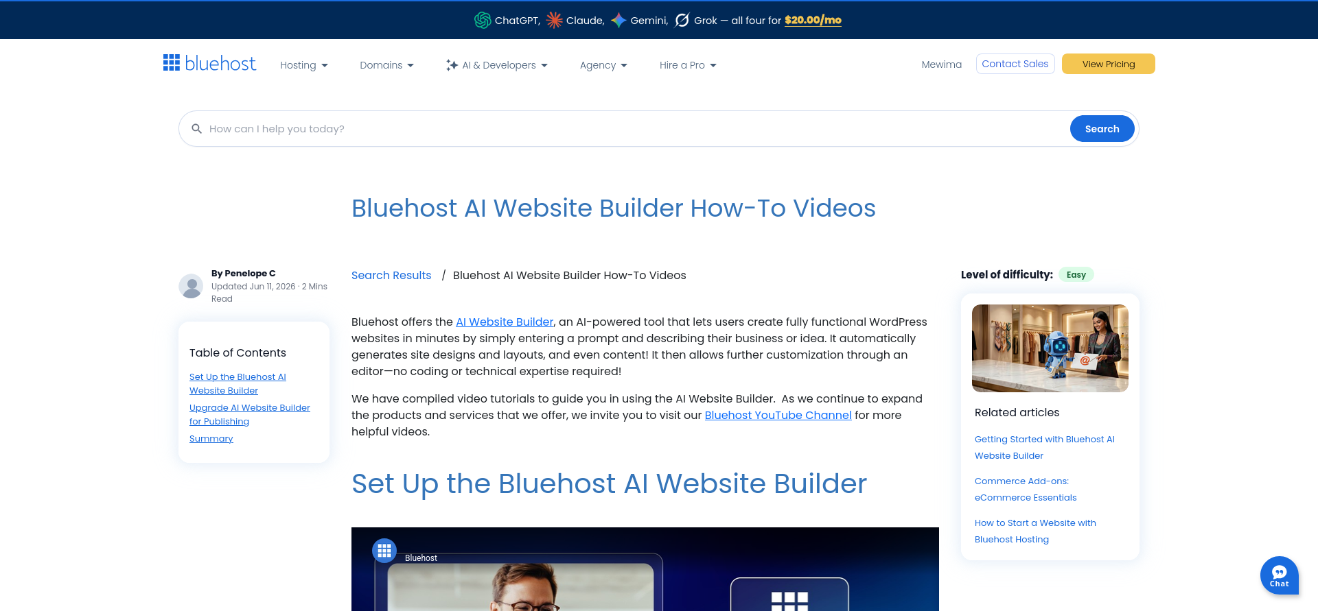 Bluehost AI Website Builder How-To Videos knowledge base article