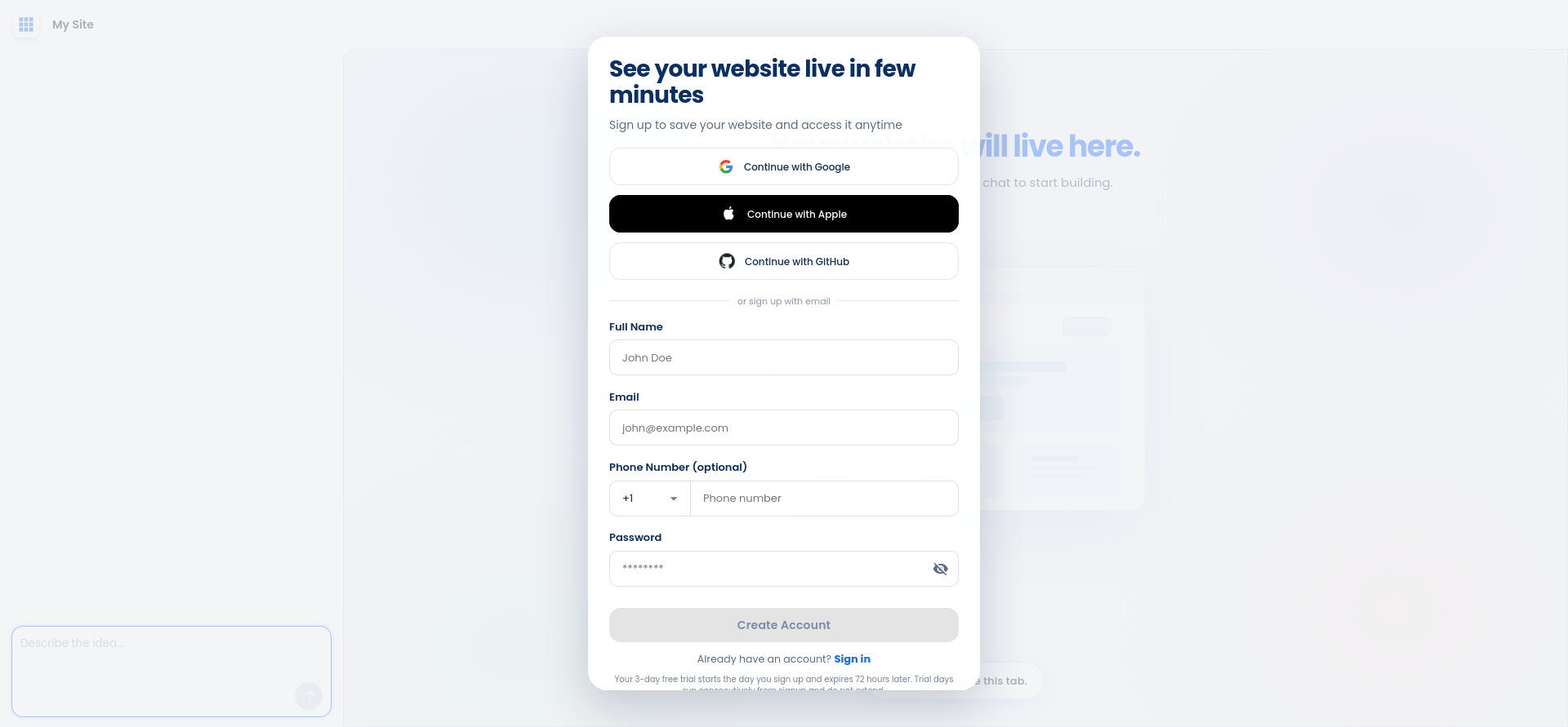 Bluehost AI Website Builder account sign-up modal