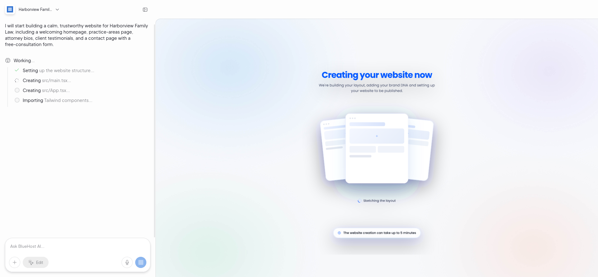 Detailed Harborview Family Law prompt in Bluehost AI Website Builder