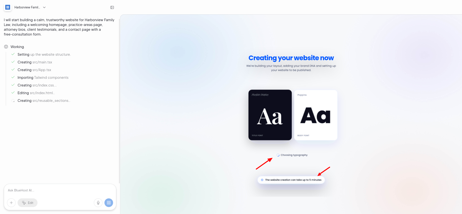 Bluehost AI Website Builder site generation progress screen