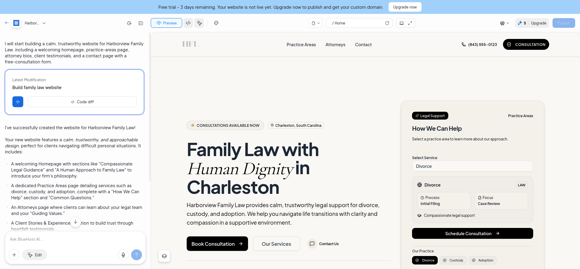 Completed Bluehost AI generated website homepage