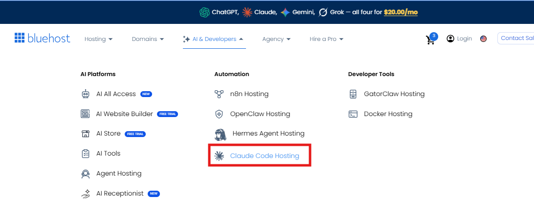Bluehost AI and Developers Claude Code Hosting selection
