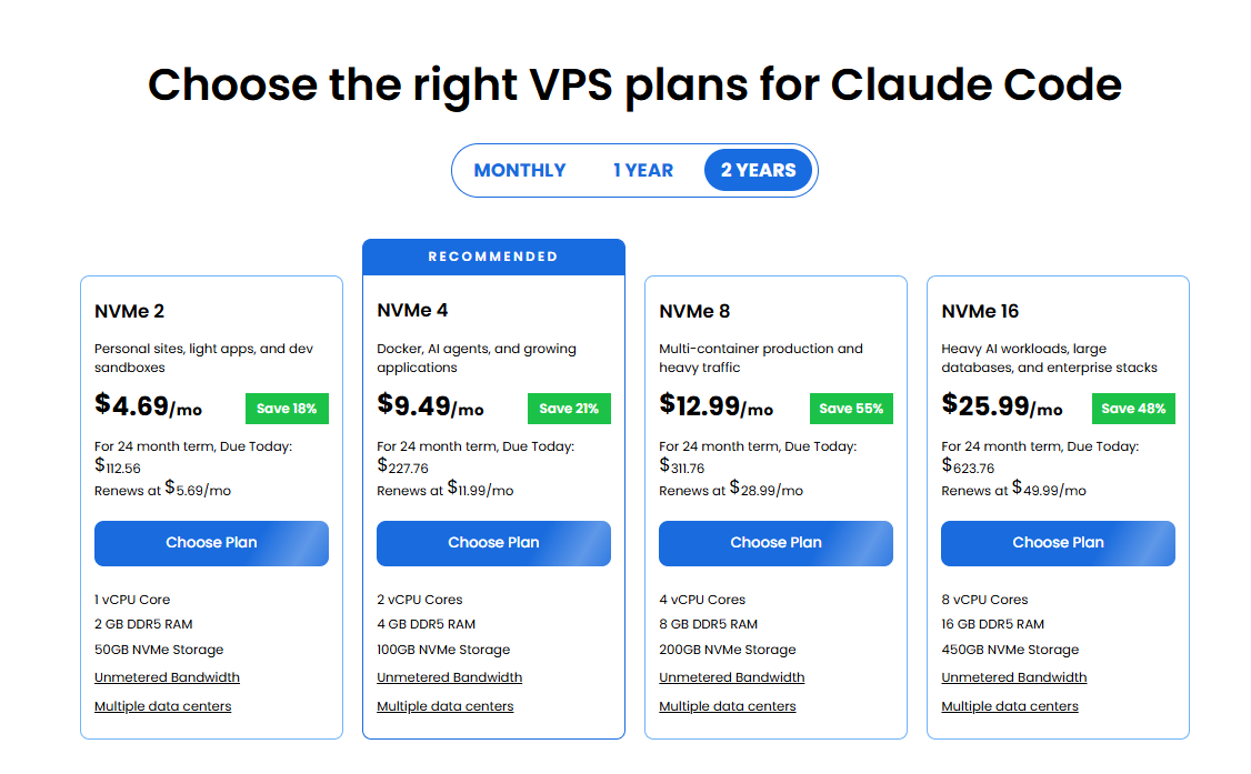 Bluehost Claude Code VPS server configuration options