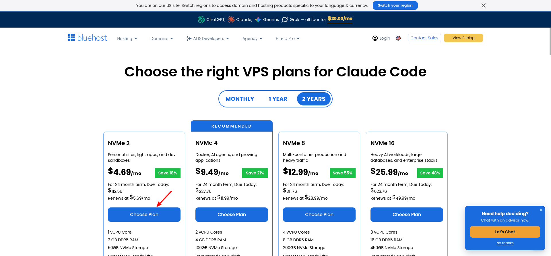Bluehost Claude Code VPS plan comparison page with billing term options