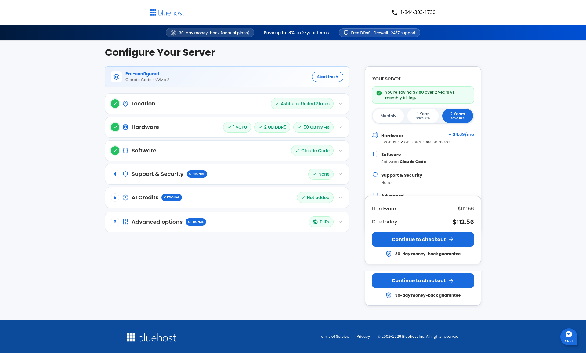 Bluehost Claude Code Configure Your Server page with NVMe 2 pre-configured
