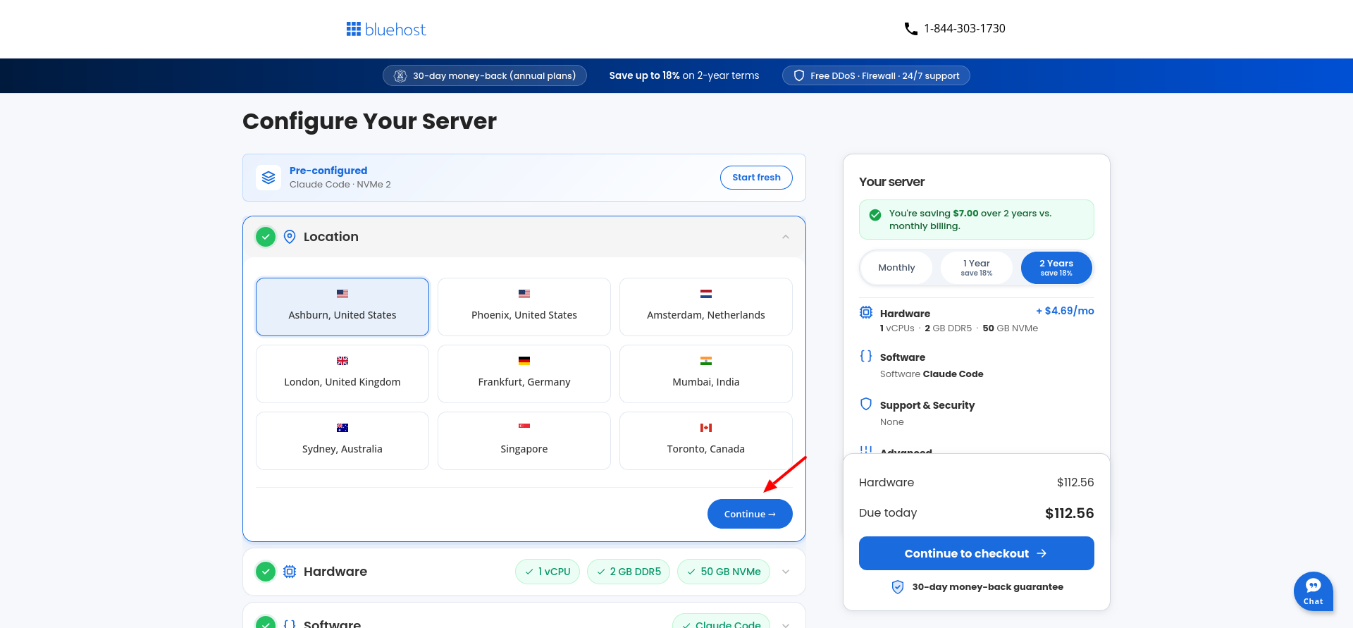 Bluehost Claude Code VPS data center location selection with Ashburn selected