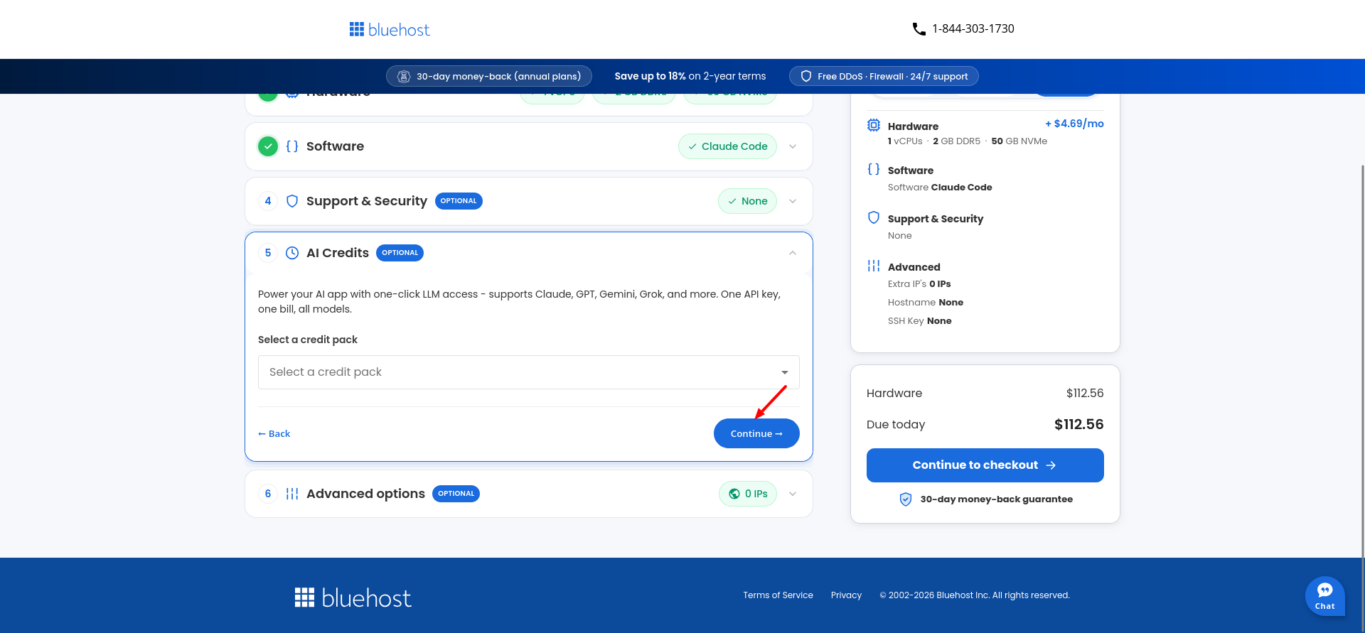 Bluehost Claude Code VPS AI Credits add-on configuration