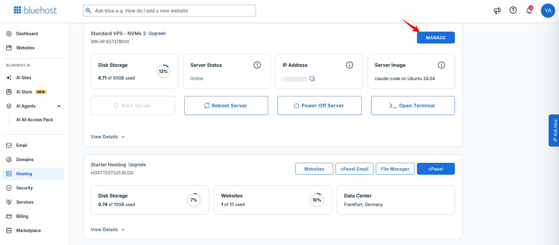 Bluehost Claude Code VPS Overview showing storage status data center IP and root password controls