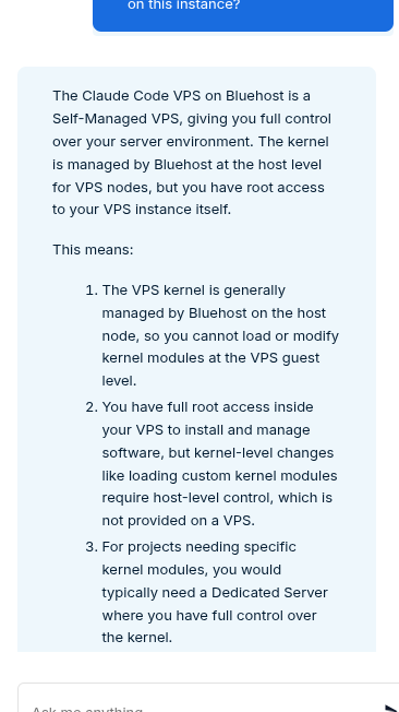 Bluehost AI support response explaining kernel module limits on Claude Code VPS