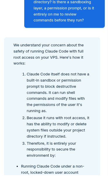 Bluehost AI support response about Claude Code root access and destructive command risks