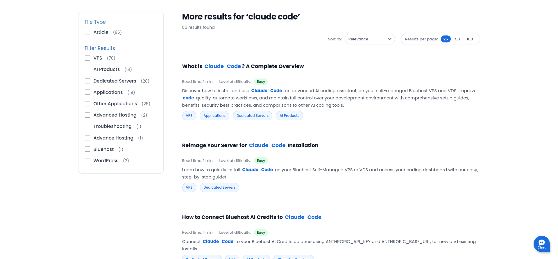 Bluehost Knowledge Base search results for Claude Code