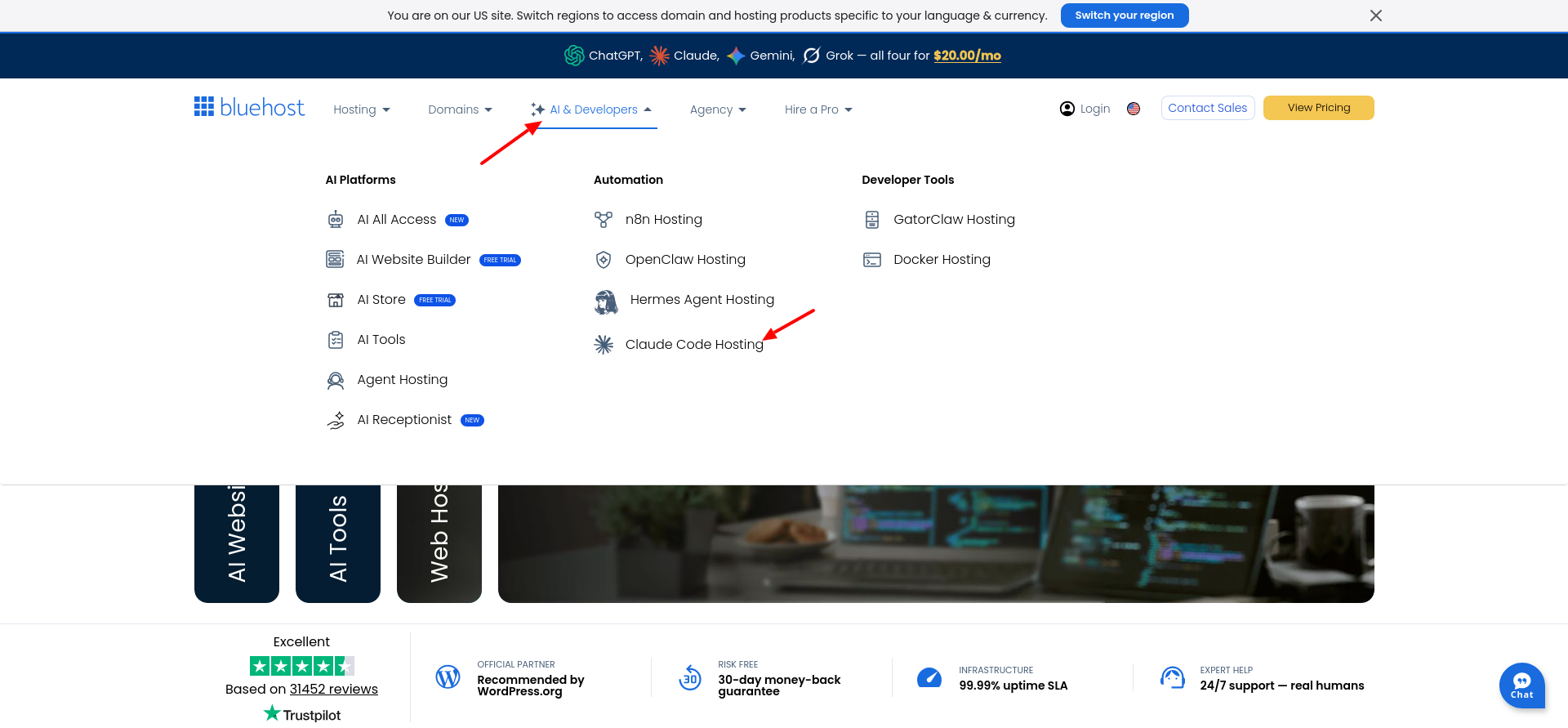 Bluehost AI and Developers menu showing Claude Code Hosting