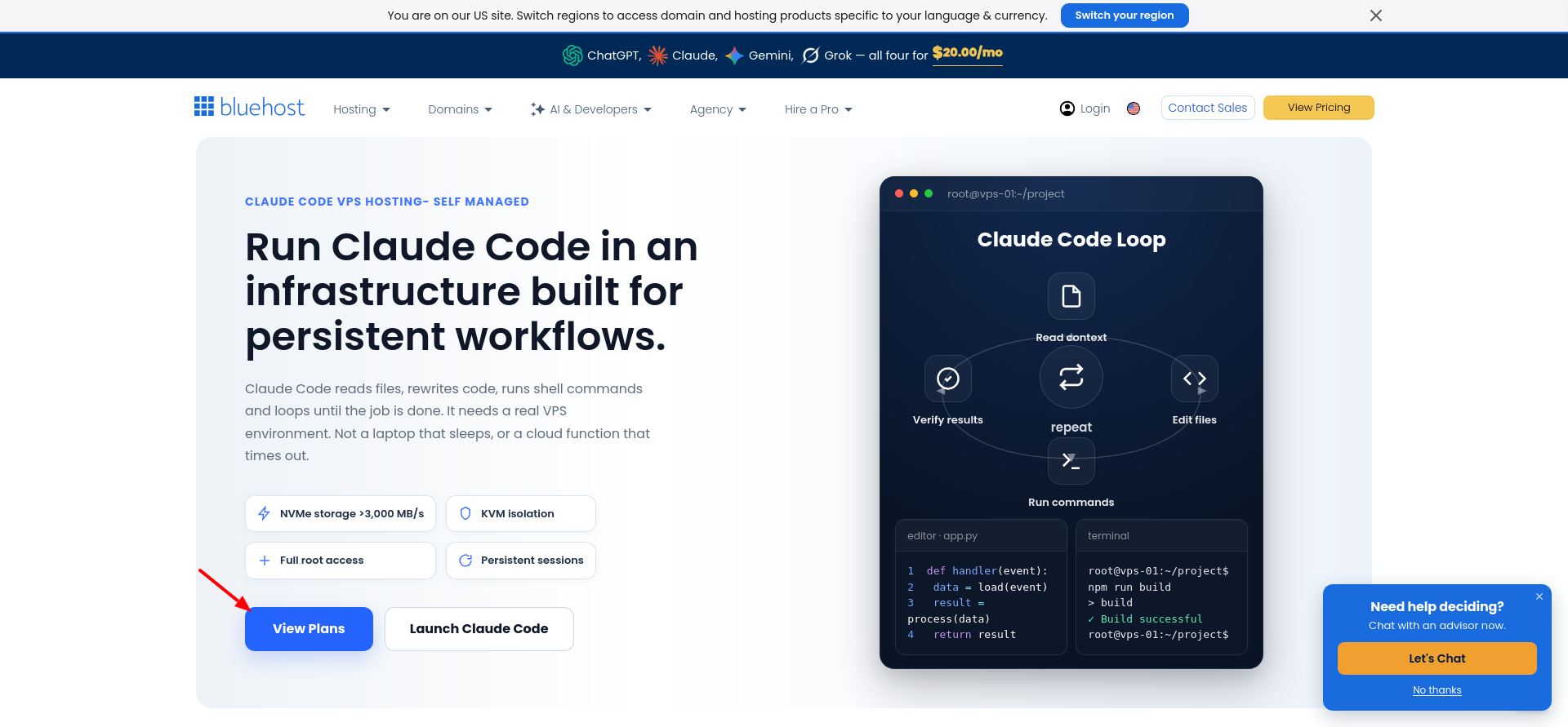 Bluehost Claude Code Hosting landing page with persistent workflow features