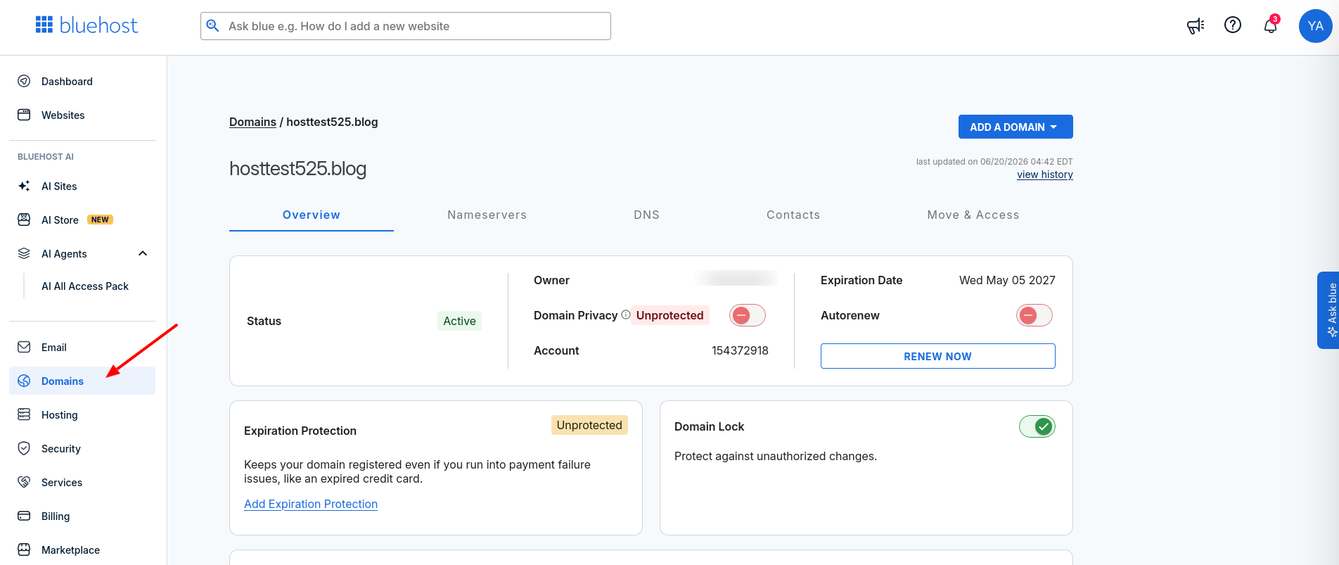 Bluehost Account Manager Domains section for accessing domain and DNS settings