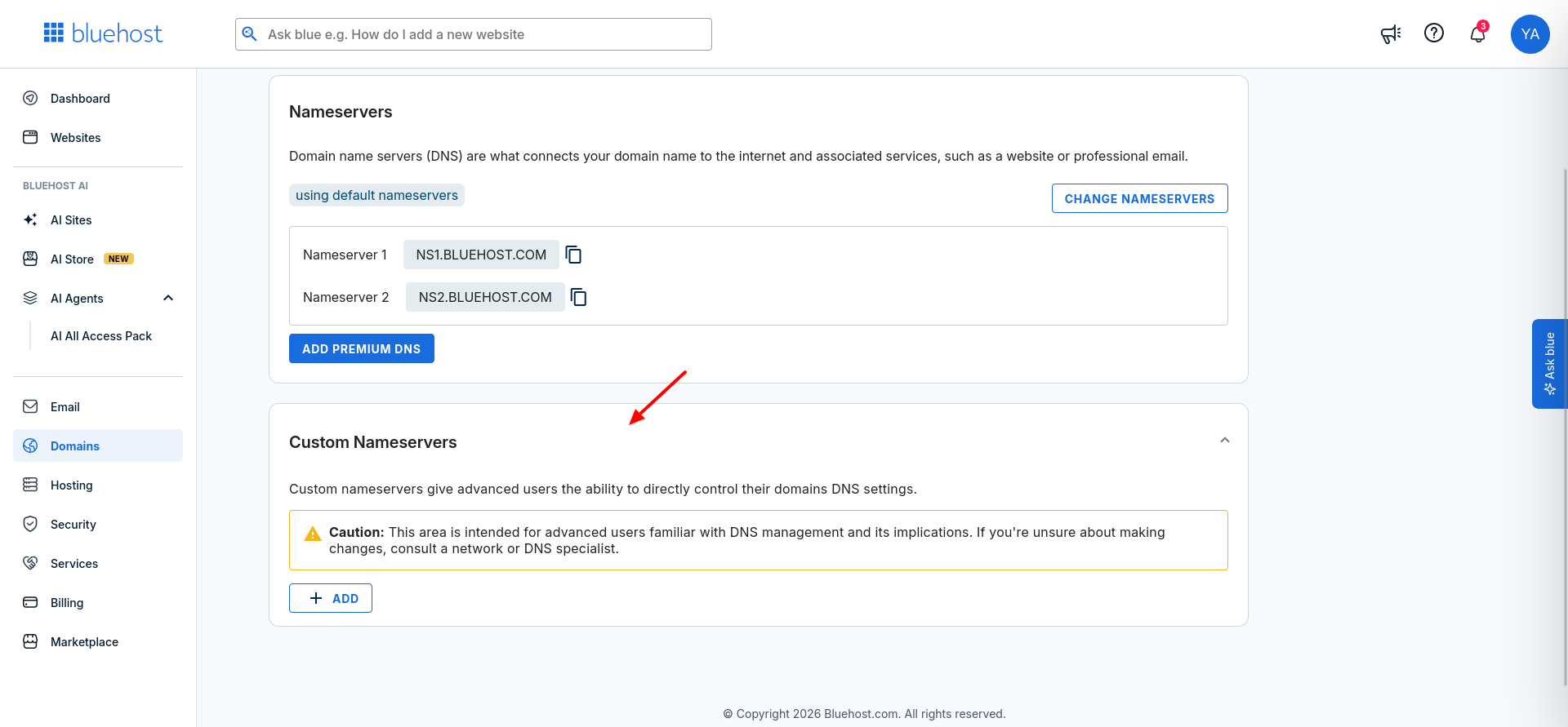 Bluehost Custom Nameservers section showing the option to add a custom nameserver