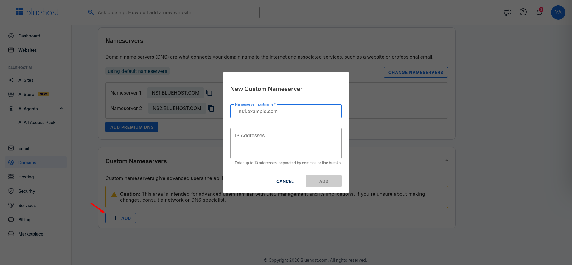 Bluehost custom nameserver modal for entering a nameserver hostname and IP addresses