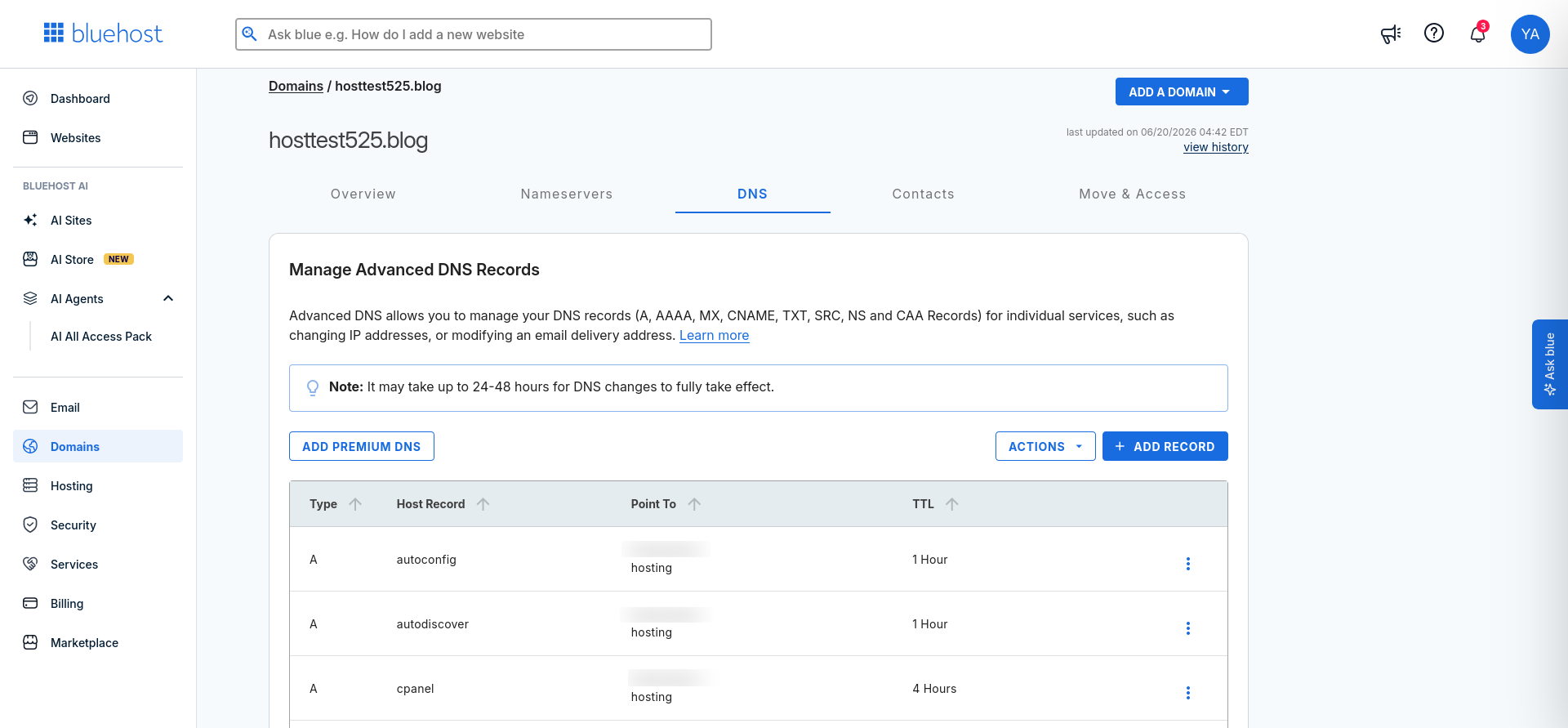 Bluehost DNS tab showing the Manage Advanced DNS Records section