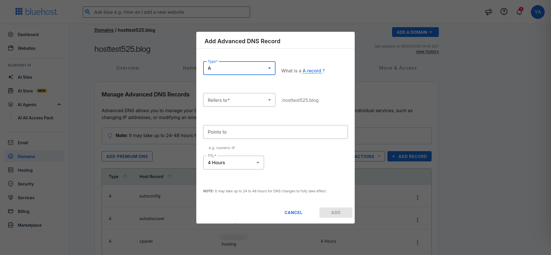 Bluehost single DNS record form showing record type, destination, and TTL fields