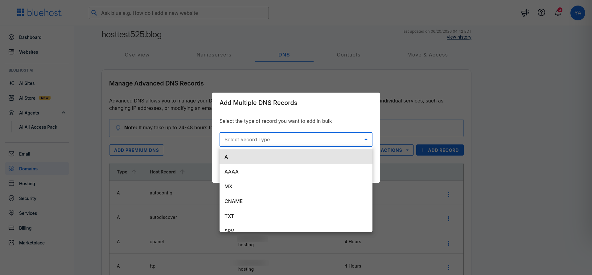 Bluehost multiple DNS records interface for adding DNS records in bulk