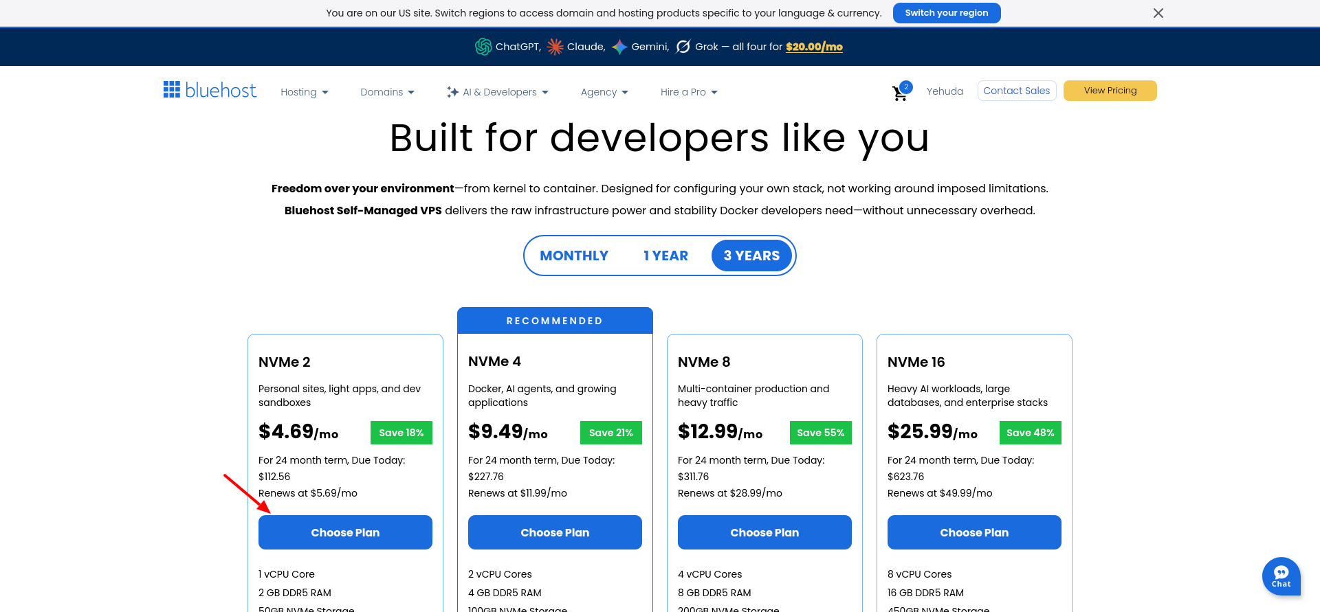 Bluehost Docker Hosting VPS plan selection
