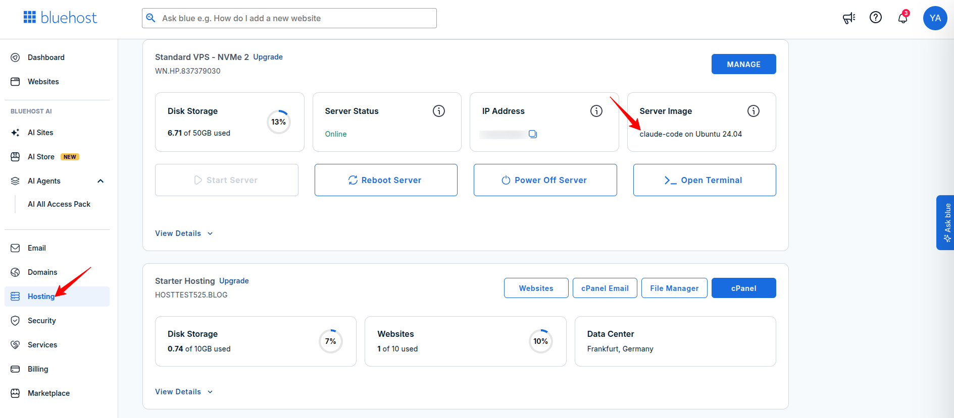 Bluehost VPS Overview page for the Docker Hosting server