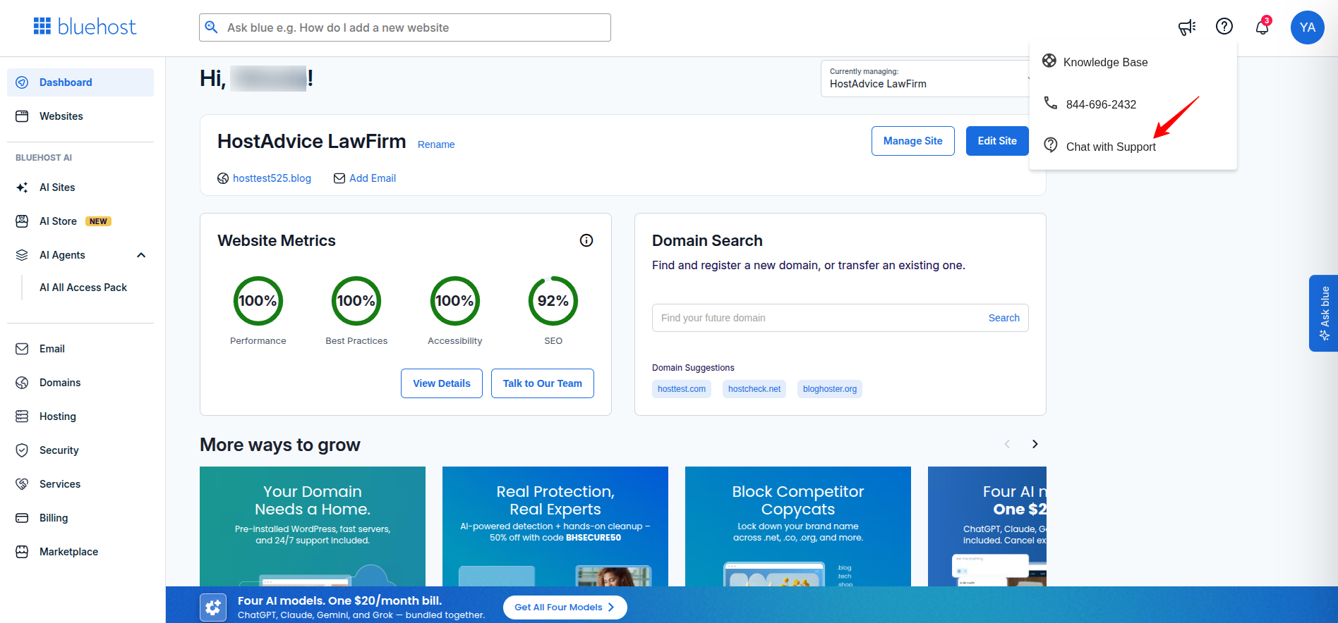 Bluehost support options in Account Manager
