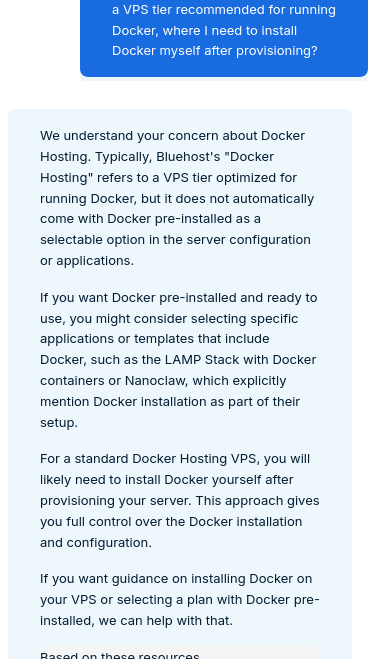 Bluehost support answer about Docker Hosting setup