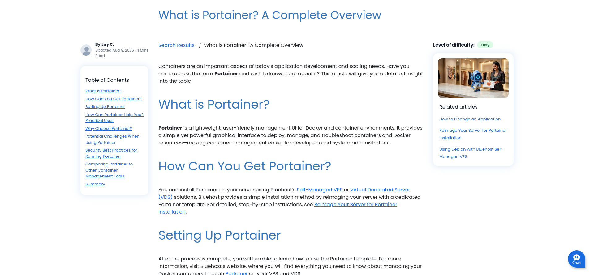 Bluehost Portainer Knowledge Base article and setup guidance