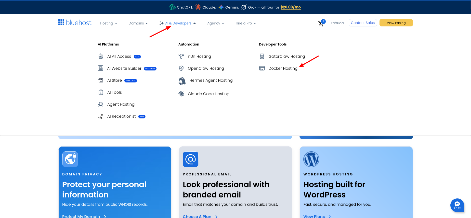 Bluehost AI and Developers menu showing Docker Hosting