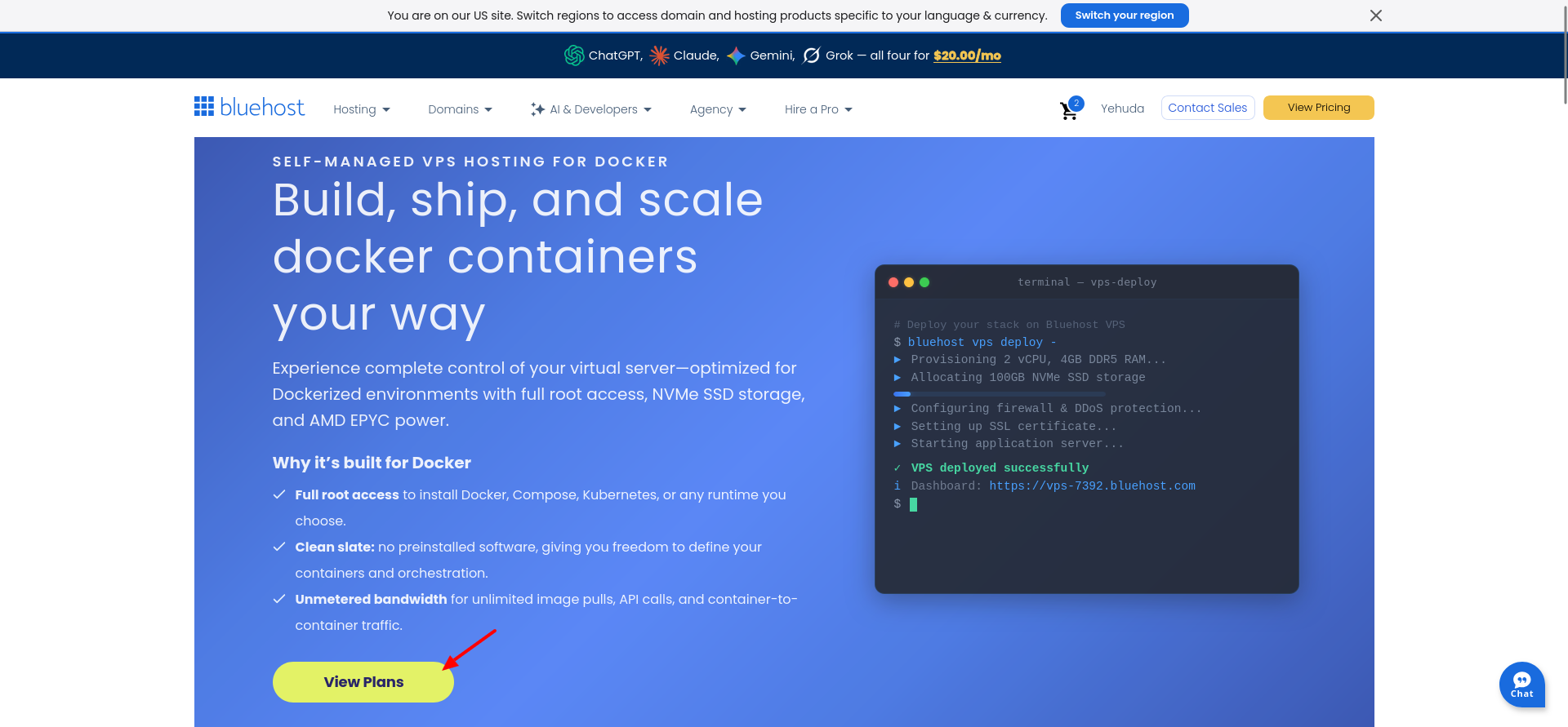Bluehost Docker Hosting landing page
