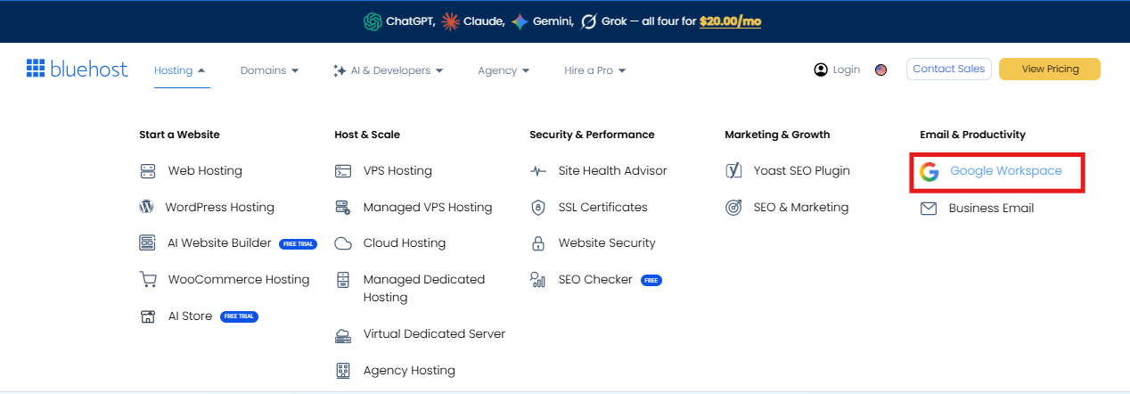 Bluehost Google Workspace Email and Productivity menu