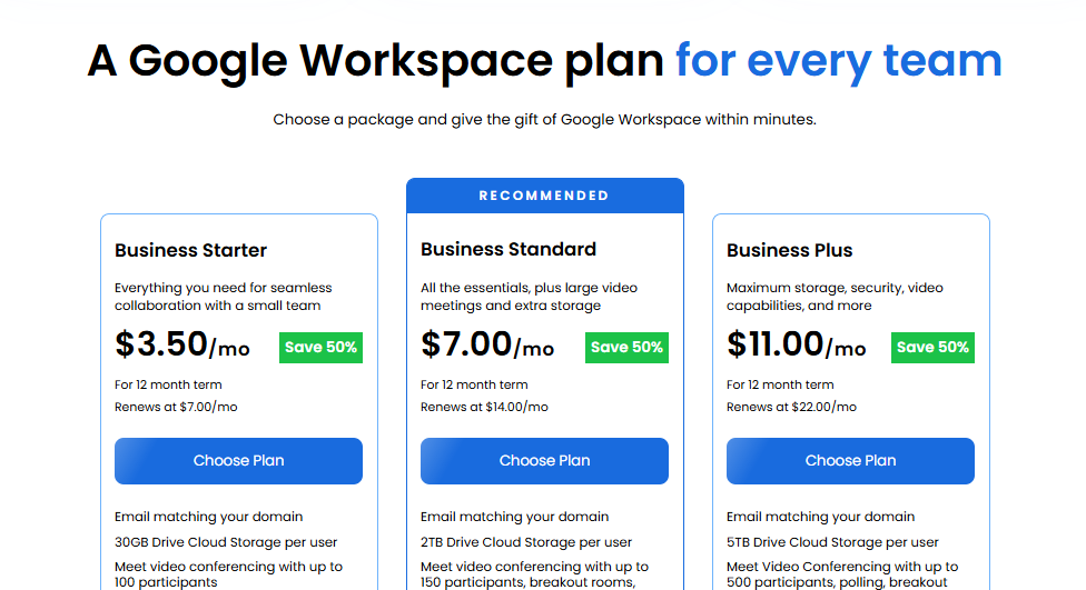 Bluehost Google Workspace plans