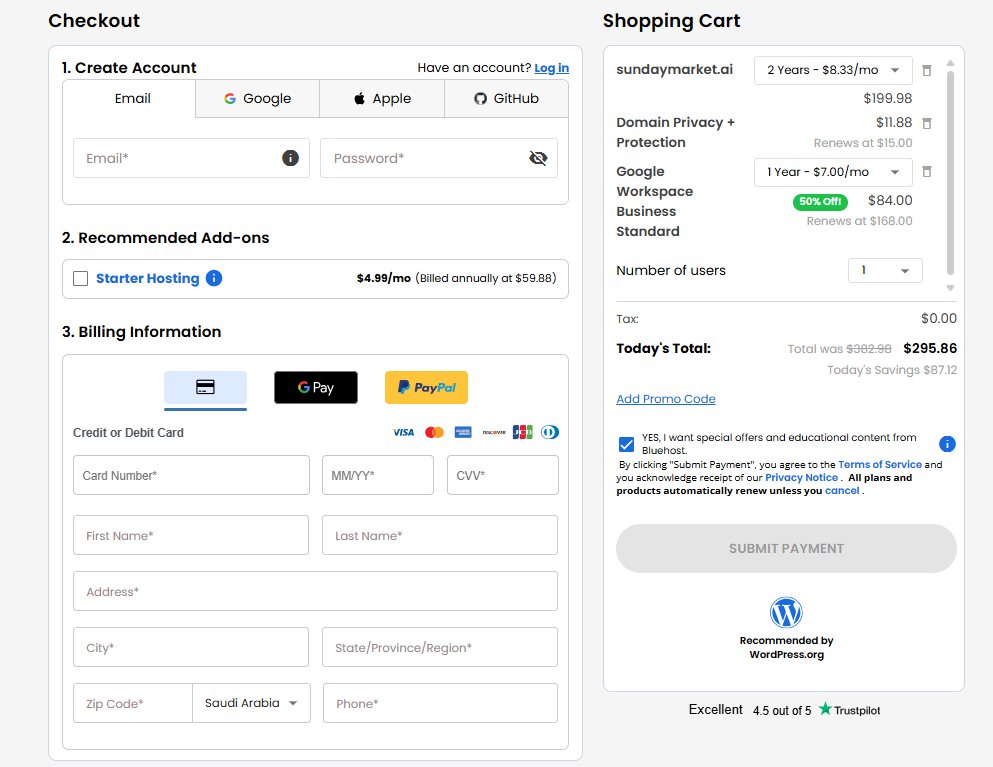 Bluehost Google Workspace coupon promo code checkout