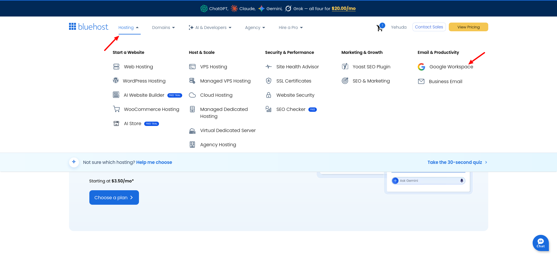 Bluehost Google Workspace option in the Email and Productivity menu
