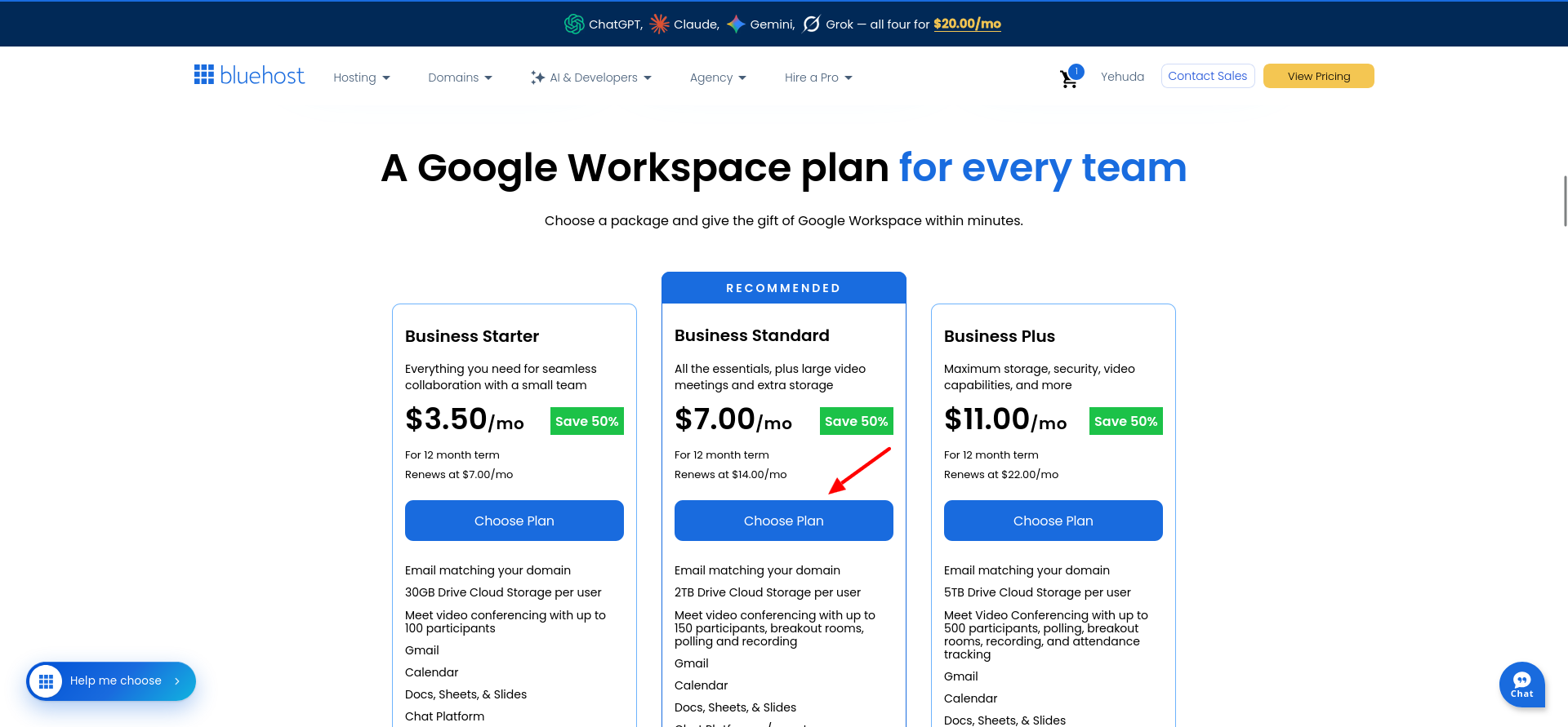 Bluehost Google Workspace plan selection page