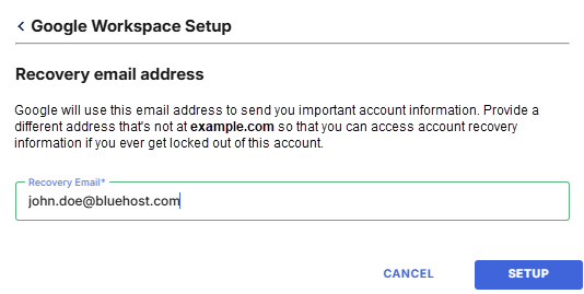 Bluehost Google Workspace recovery email address form