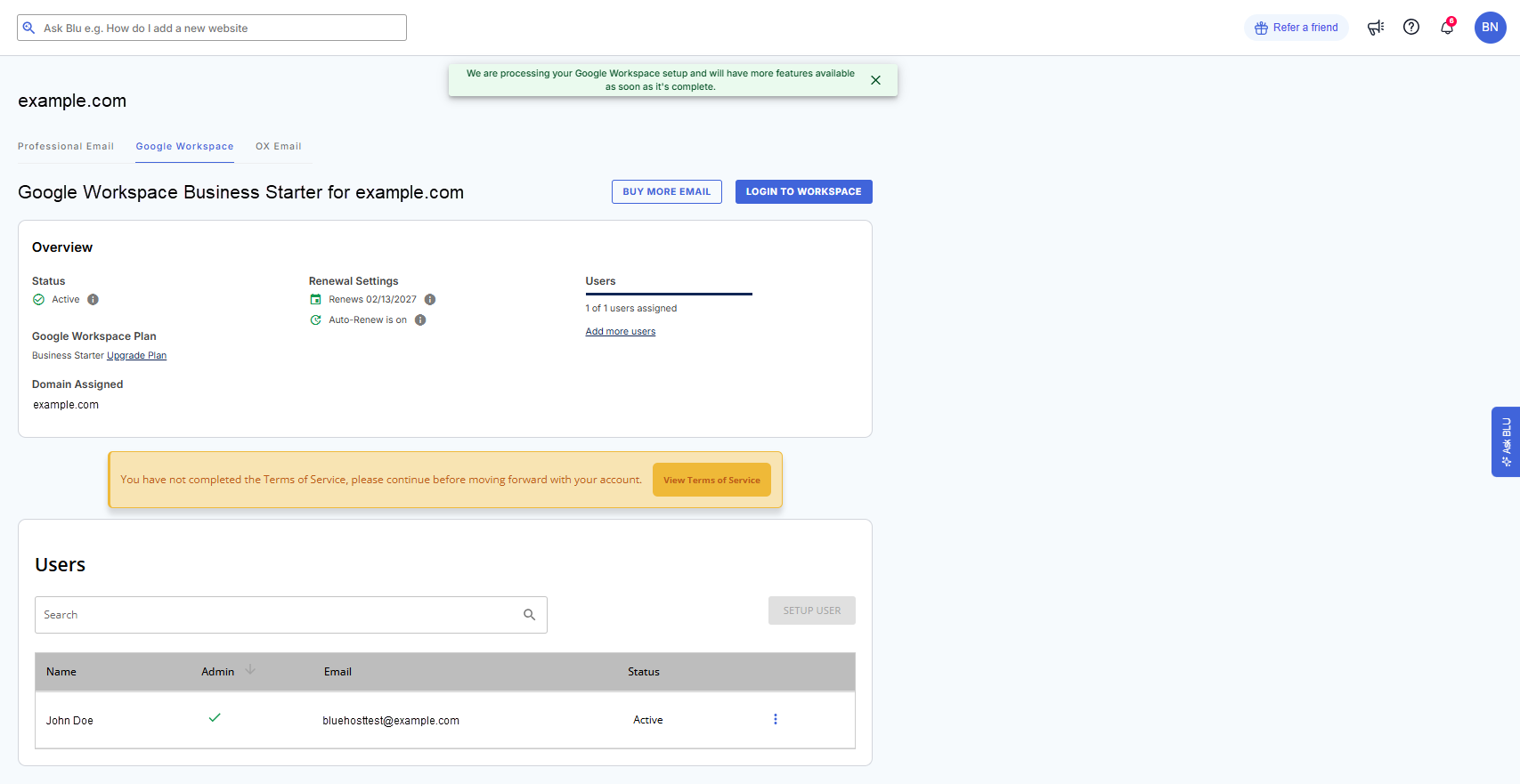 Active Bluehost Google Workspace account with user assignment