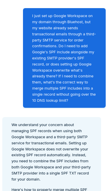 Ask Bluehost AI response about merging SPF records
