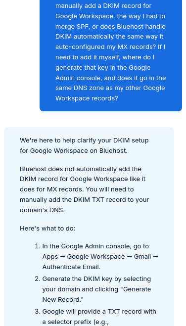 Ask Bluehost AI response about Google Workspace DKIM setup