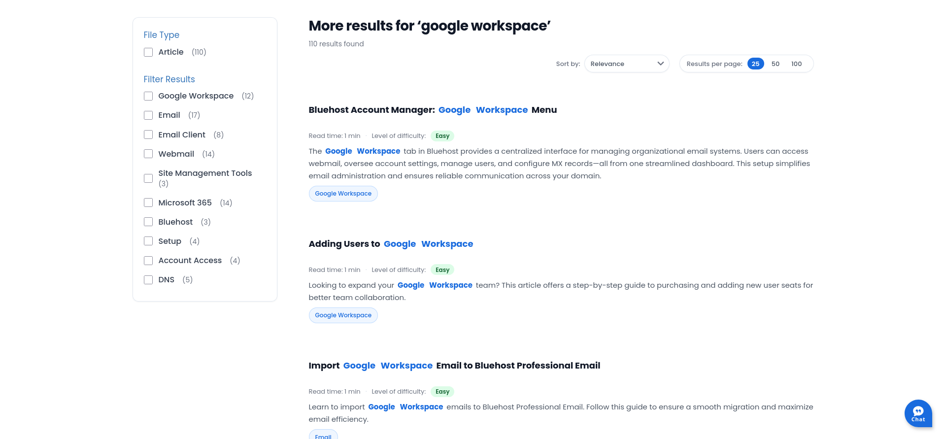 Bluehost Knowledge Base Google Workspace search results