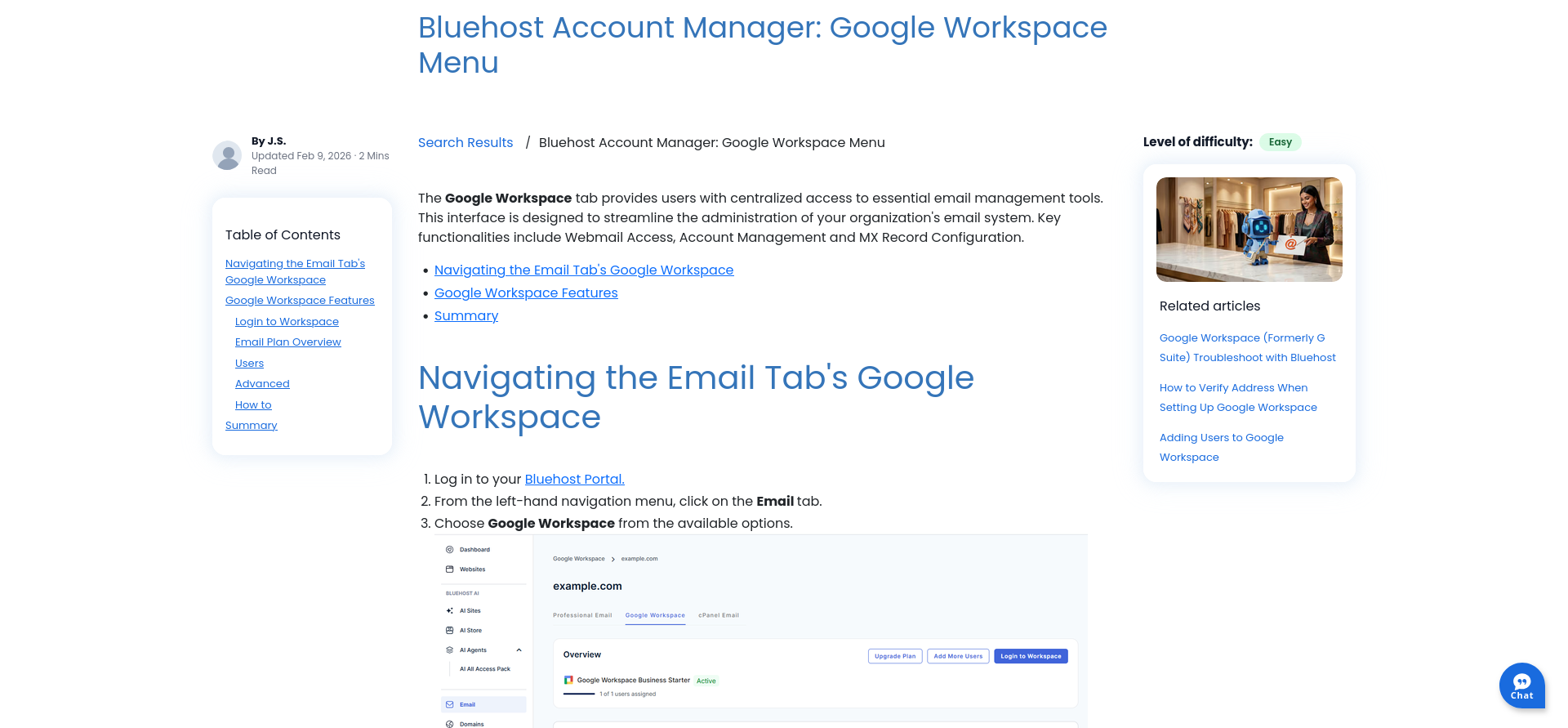 Bluehost Google Workspace knowledge base article showing MX records