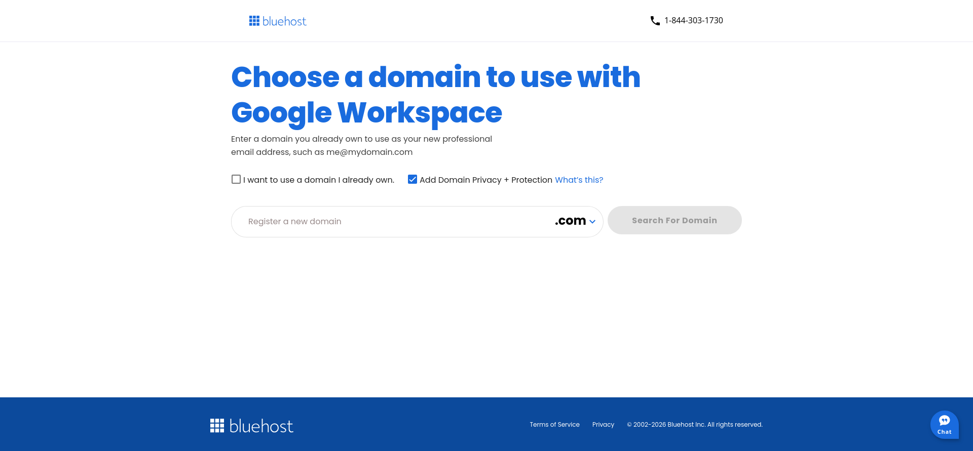 Bluehost Google Workspace domain selection step