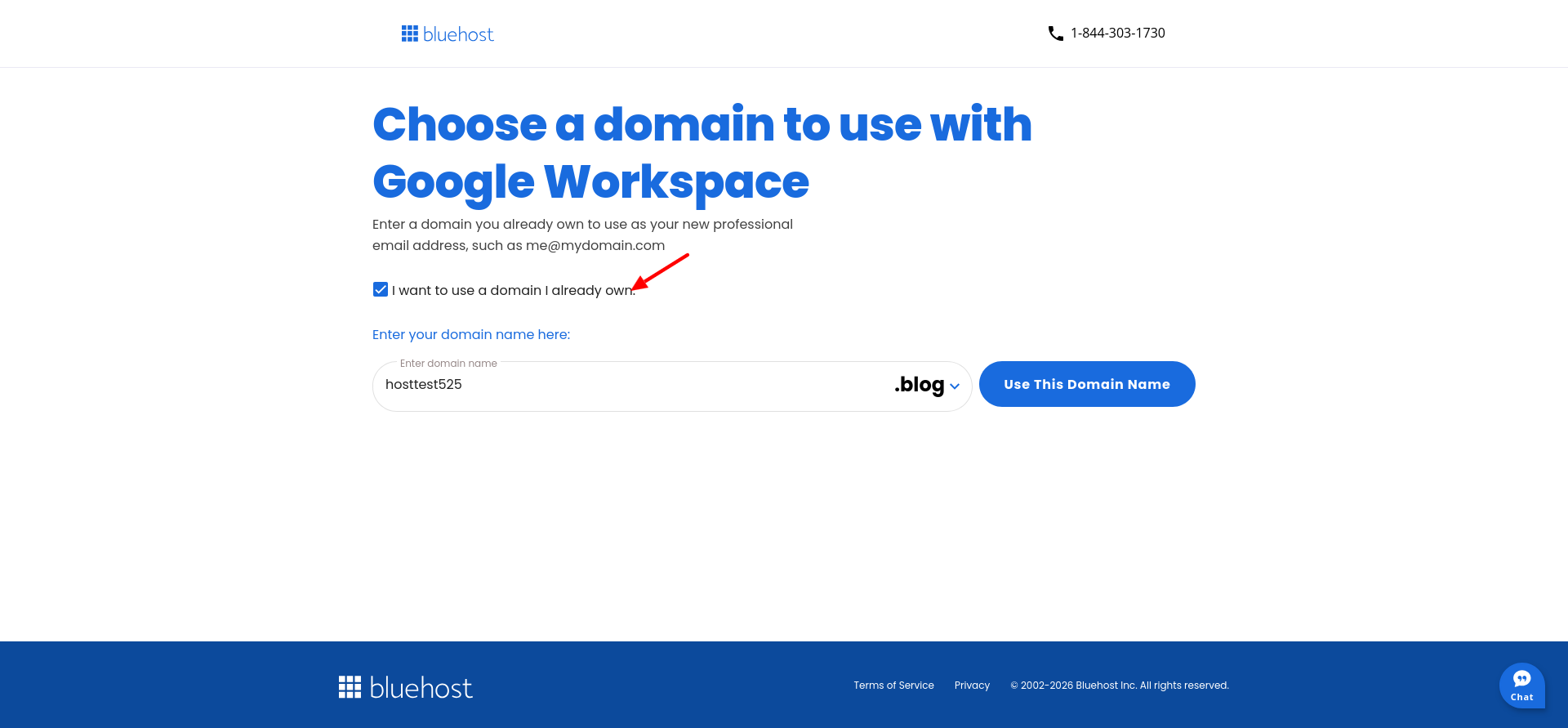 Entering an existing domain for Bluehost Google Workspace