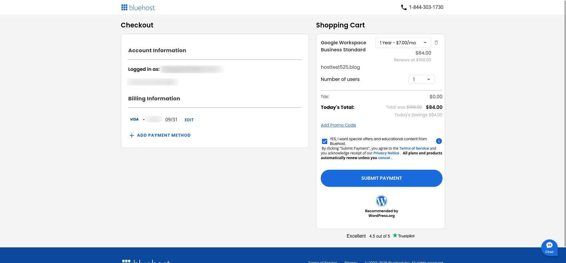 Bluehost Google Workspace Business Standard checkout summary