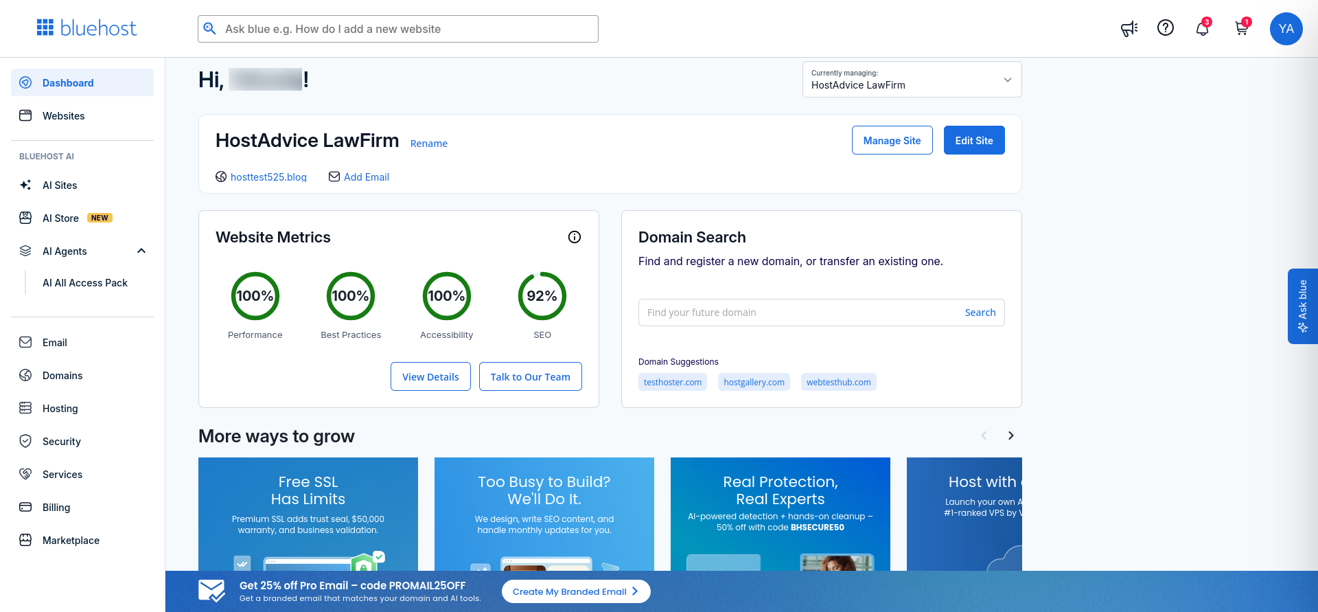 Bluehost Account Manager dashboard after Google Workspace purchase
