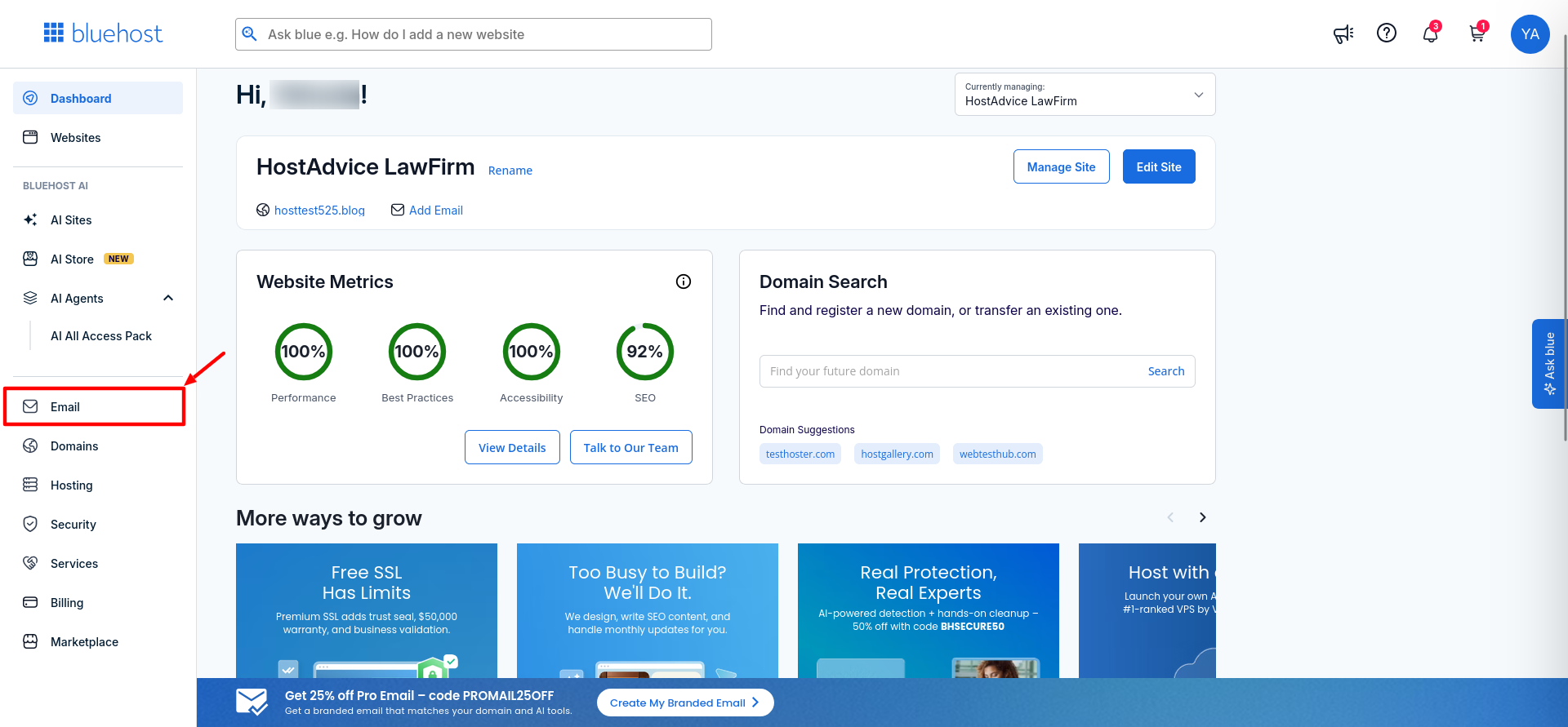 Email section in the Bluehost Account Manager