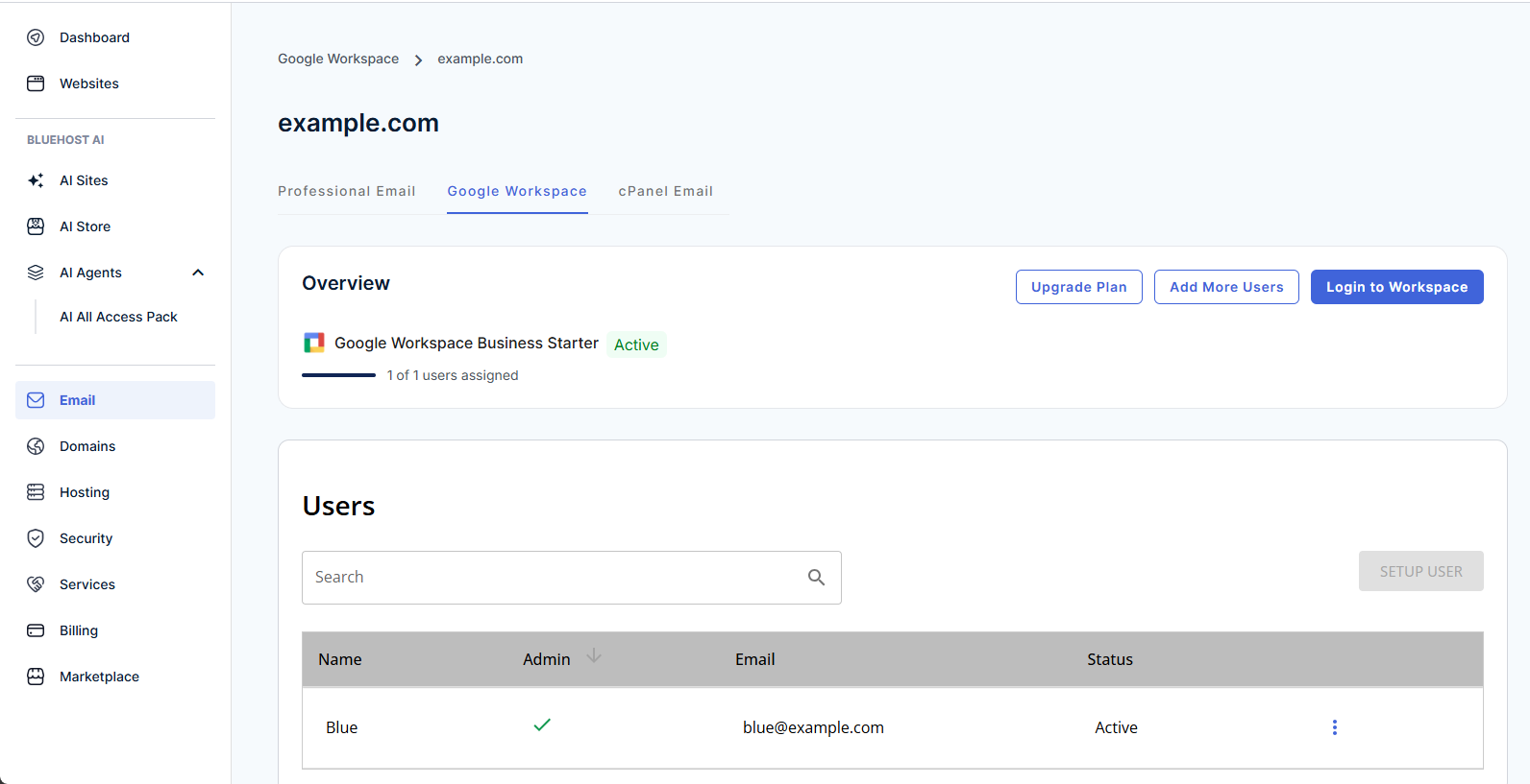 Bluehost Google Workspace Pending Setup screen