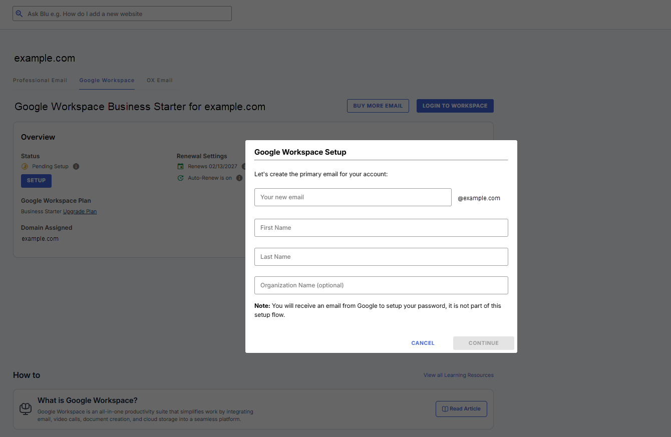 Bluehost Google Workspace primary email creation form