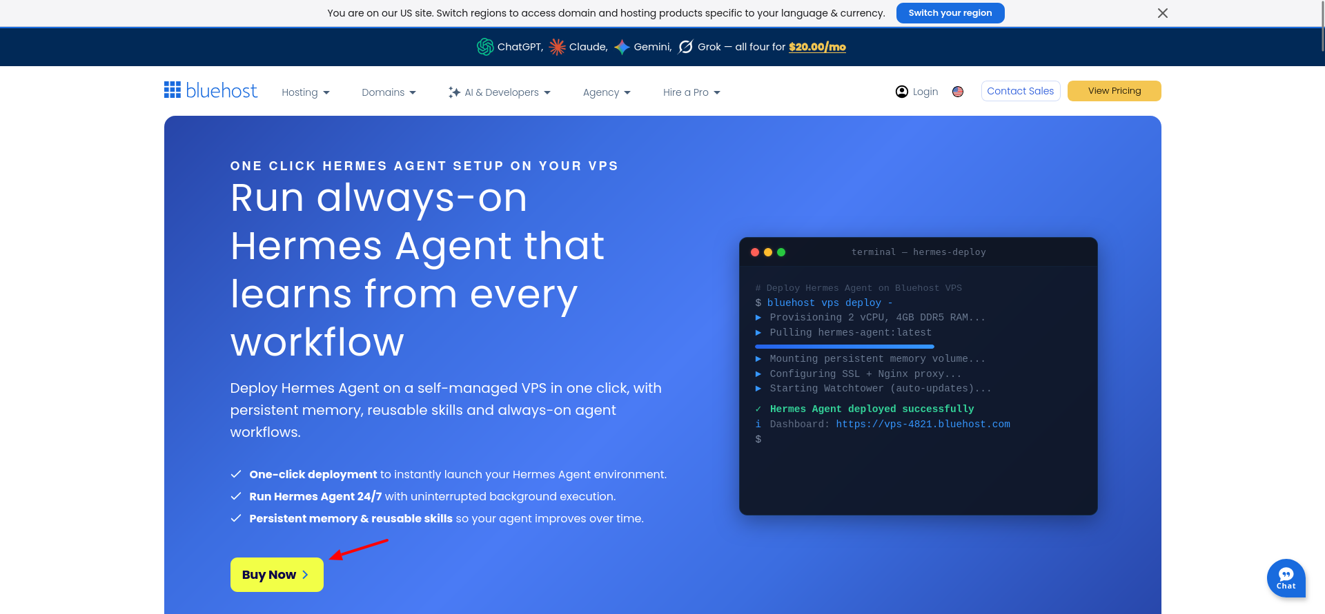 Bluehost Hermes Agent Hosting landing page