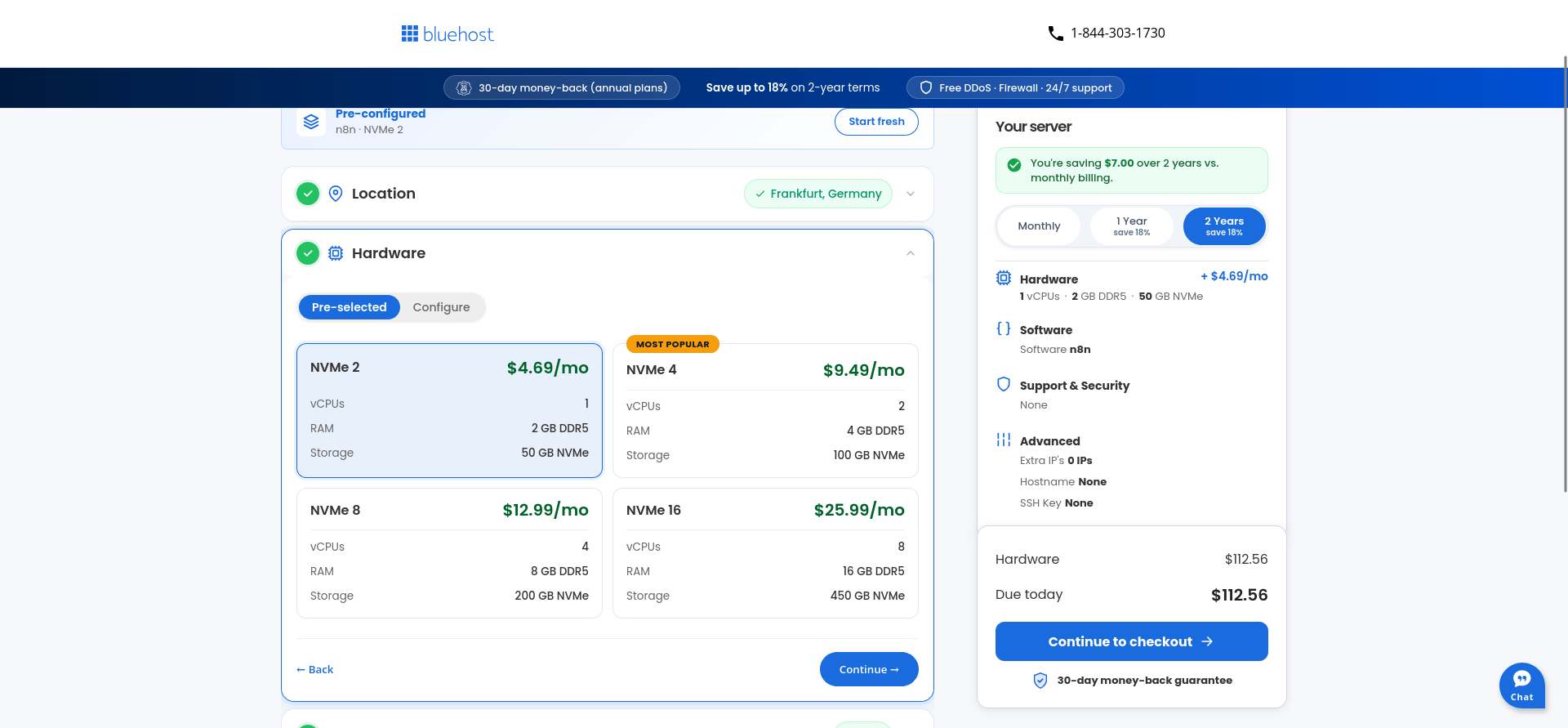Bluehost Hermes Agent VPS NVMe hardware plan options